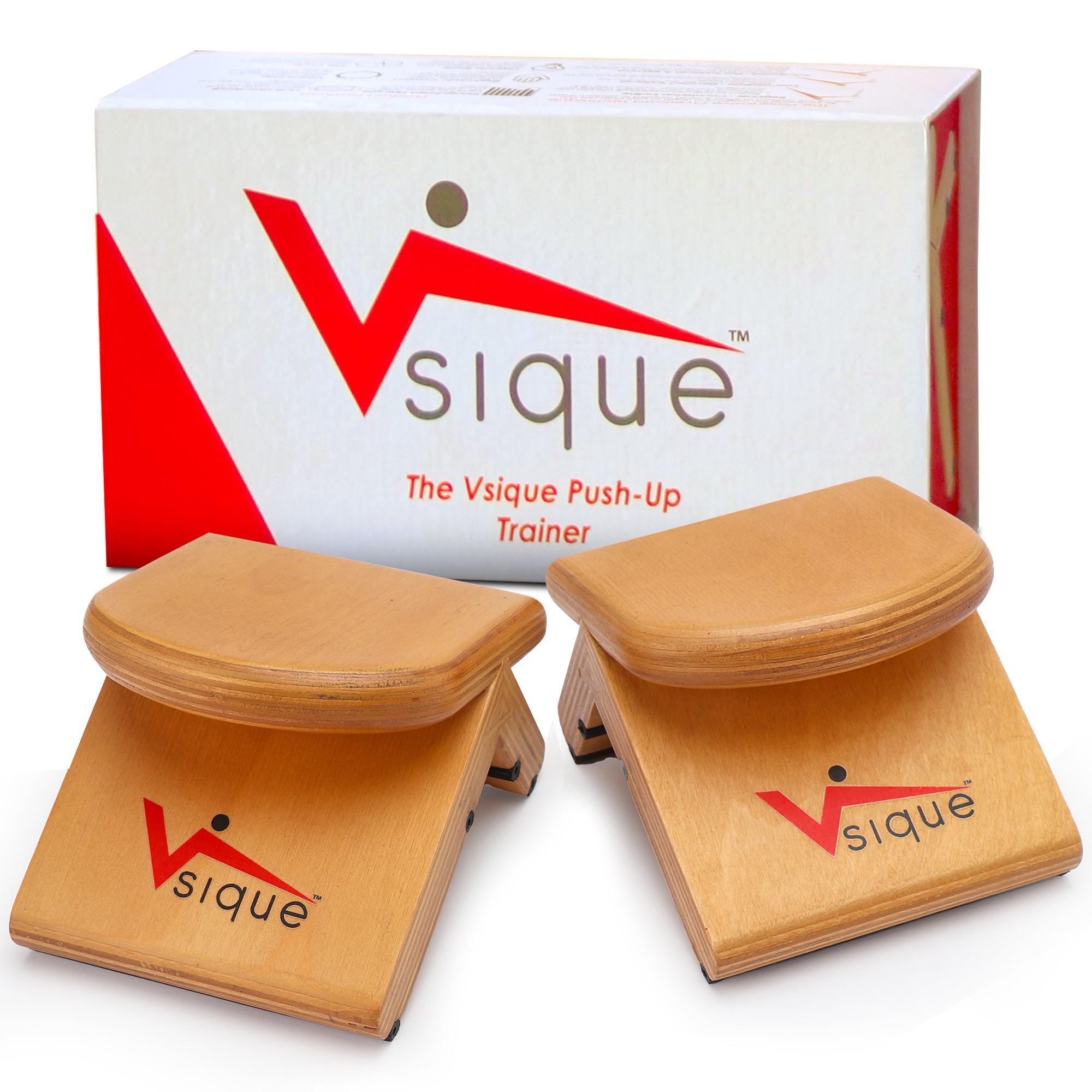 Pair of original wooden Vsique trainers in front of product packaging